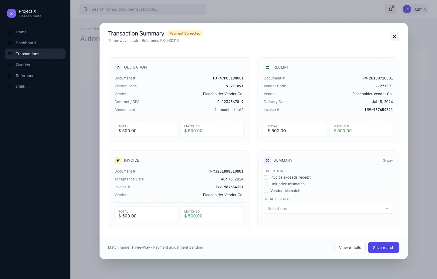 Transaction Summary modal