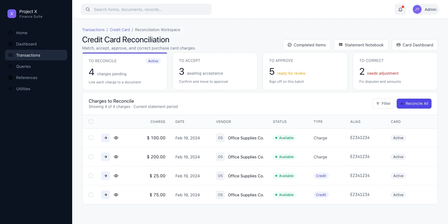 Credit Card Reconciliation Workspace